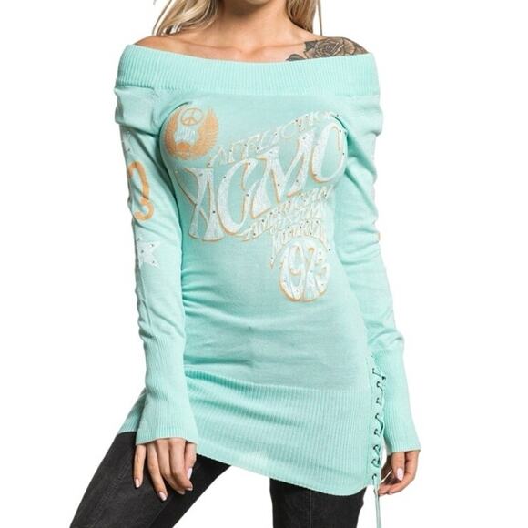 AFFLICTION Women's M Top Daze Sweater Dress Top Skull Wings Biker Tunic New